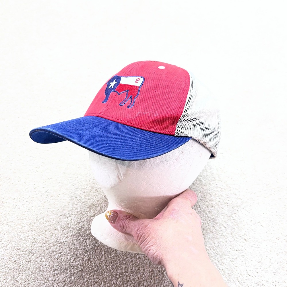 Cavender's Rafter C Trucker Hat Mens OSFA Red Blue Texas Flag Steer Snapback Cap